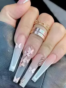 轉換你指甲片帶24入組長款棺材蝴蝶磨砂水鑽圖案假指甲和1入組指甲銼和1片指甲膠帶 - 彩色 - 查看 1