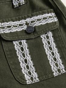 ROMWE Fairycore Shorts en mezclilla con encaje en contraste con bolsillo con solapa - Verde militar - Ver 3