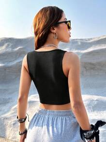 SHEIN EZwear Letter Patched Detail Curved Hem Tank Top-Black - Black - View 2