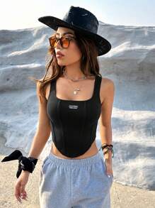 SHEIN EZwear Letter Patched Detail Curved Hem Tank Top-Black - Black - View 3