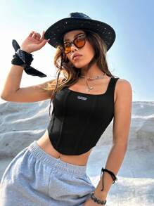 SHEIN EZwear Letter Patched Detail Curved Hem Tank Top-Black - Black - View 4