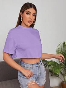 SHEIN EZwear Áo thun nữ màu trơn Giải trí - Màu tím  Violet - Xem 3