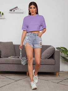 SHEIN EZwear Áo thun nữ màu trơn Giải trí - Màu tím  Violet - Xem 5