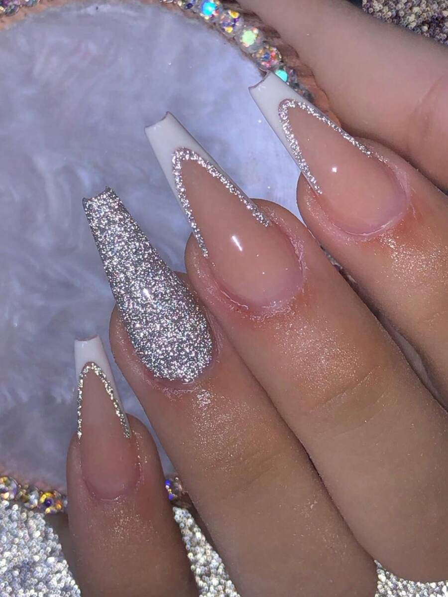 24入組長形棺材白色法式閃粉假指甲，附1入組指甲銼和1張指甲膠帶，可壓式假指甲美甲用品 - 彩色 - 查看 1