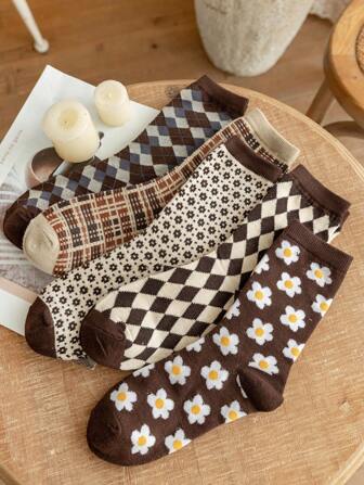 5 pares de calcetines de media caña de estilo vintage americano para mujer, aptos para todas las estaciones, otoño/invierno