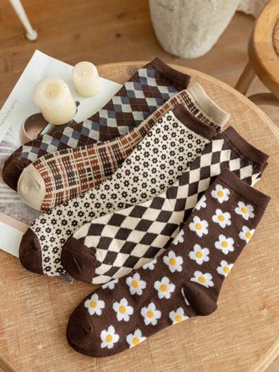 5双复古美式女式中筒袜，适合所有季节，秋冬