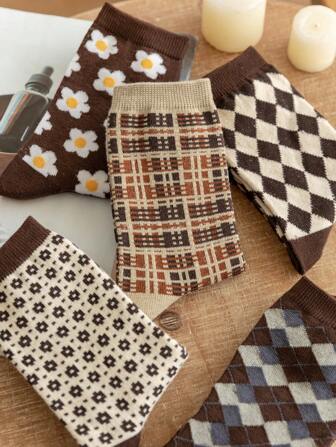 5 Pairs Vintage American Style Women's Mid-Calf Socks, Suitable For All Seasons, Autumn/Winter