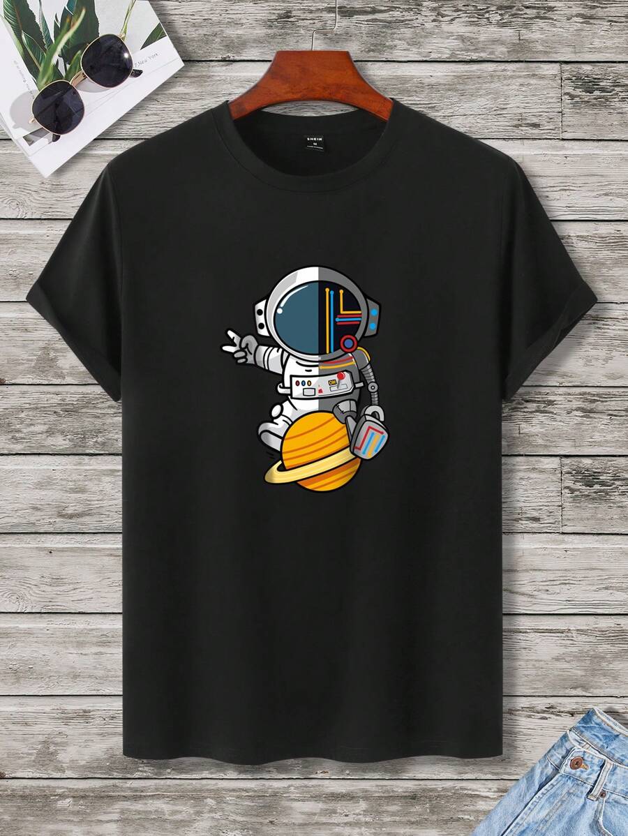 Manfinity Hypemode Men T-Shirts Fit Crew Neck Short Sleeve Graphic Tee Astronaut Funny Casual Summer Polyester - Black - View 1