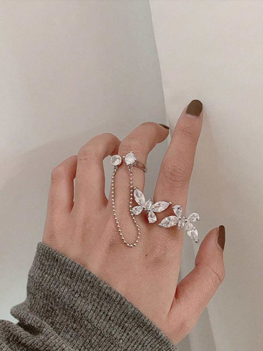 2入組蝴蝶裝飾戒指 - 銀色 - 查看 1