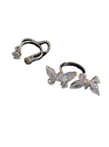 2入組蝴蝶裝飾戒指 - 銀色 - 查看 3