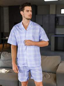 Men Plaid Print Shirt & Shorts PJ Set - Multicolor - View 5