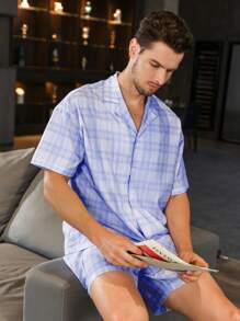 Men Plaid Print Shirt & Shorts PJ Set - Multicolor - View 6