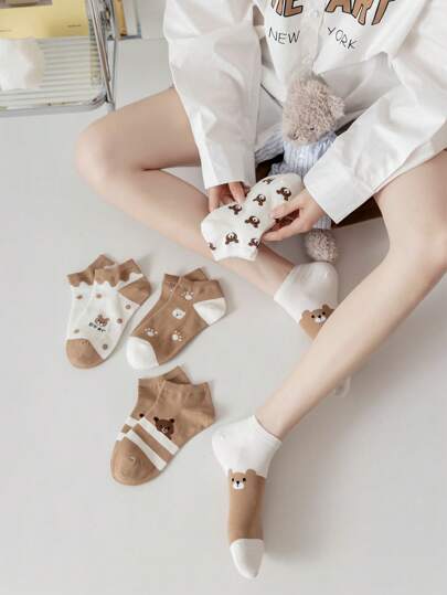 جوارب كاحل دب و مخلب نمط كاجوال الى اليومي 5 أزواج نساء