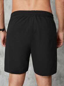 RueChic Men Expression Print Drawstring Waist Shorts - Black - View 2