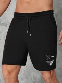 RueChic Men Expression Print Drawstring Waist Shorts - Black - View 3