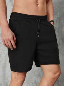 RueChic Men Expression Print Drawstring Waist Shorts - Black - View 4