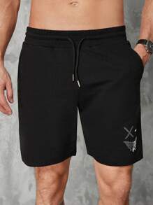 RueChic Men Expression Print Drawstring Waist Shorts - Black - View 5