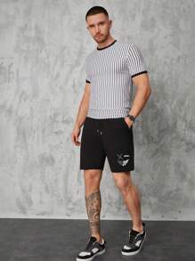 RueChic Men Expression Print Drawstring Waist Shorts - Black - View 6