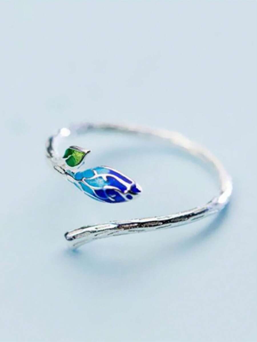 樹葉裝飾開口戒指 - 銀色 - 查看 1