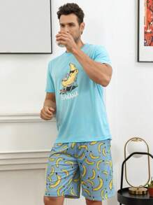 Men Banana & Letter Graphic PJ Set - Blue - View 1