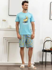 Men Banana & Letter Graphic PJ Set - Blue - View 4