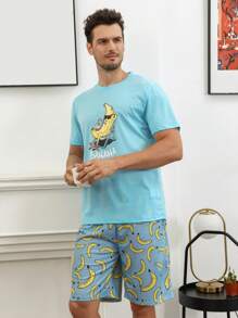 Men Banana & Letter Graphic PJ Set - Blue - View 5