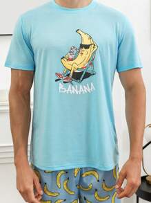 Men Banana & Letter Graphic PJ Set - Blue - View 6