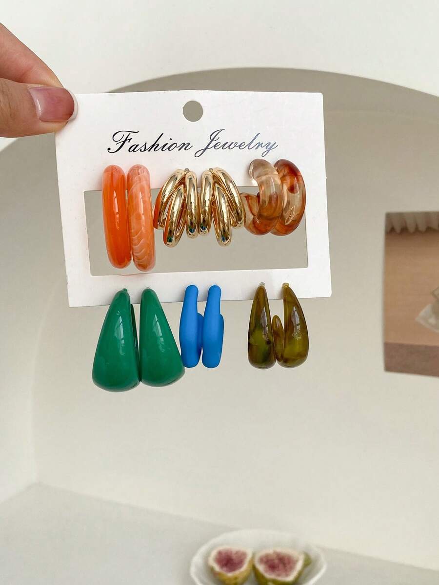 6對/套極簡圓耳環 - 彩色 - 查看 1