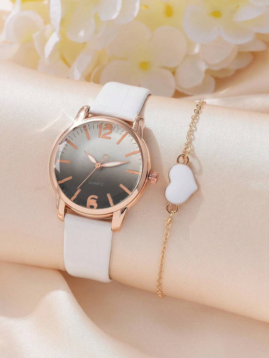 1入組漸變色錶盤石英表和1入組愛心裝飾手環 - 白色 - 查看 1
