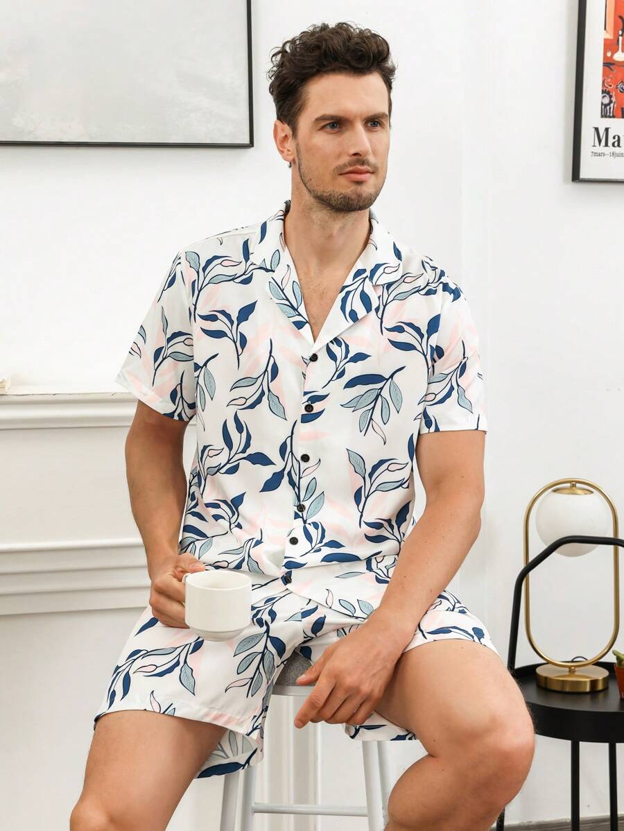 男士植物圖案襯衫和短褲睡衣套裝