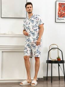 男士植物圖案襯衫和短褲睡衣套裝