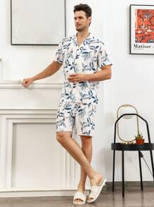 男士植物圖案襯衫和短褲睡衣套裝