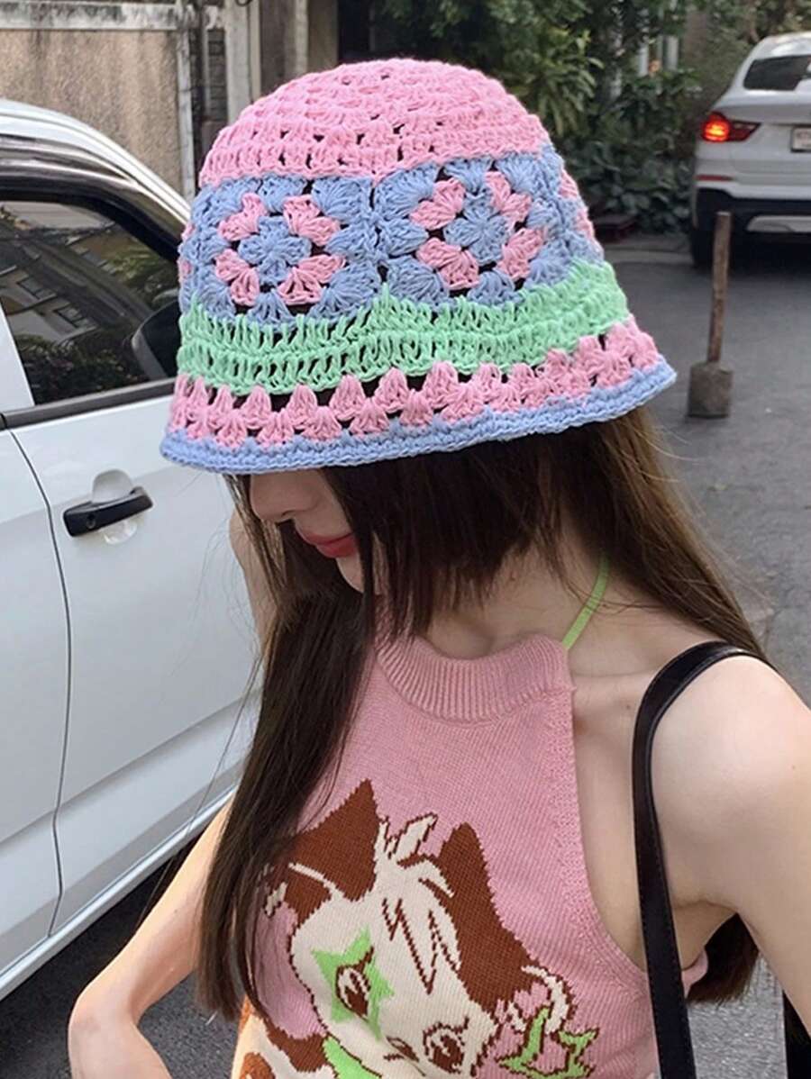 1pc Women Color Block Casual Crochet Hat, For Outdoor - Pink - View 1