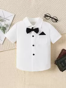 SHEIN 小男童補丁貼口袋前蝴蝶結襯衫