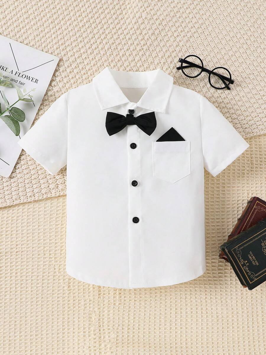 SHEIN 小男童補丁貼口袋前蝴蝶結襯衫