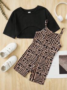 SHEIN 女孩高低下擺短款T恤和幾何印花吊帶連體短褲 - 彩色 - 查看 1