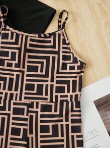 SHEIN 女孩高低下擺短款T恤和幾何印花吊帶連體短褲 - 彩色 - 查看 3