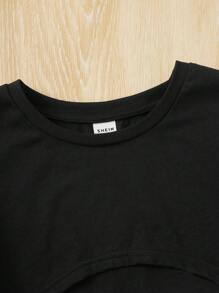 SHEIN 女孩高低下擺短款T恤和幾何印花吊帶連體短褲 - 彩色 - 查看 4