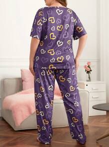 Plus Heart Print Tee & Trousers PJ Set - Purple - View 2