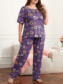 Plus Heart Print Tee & Trousers PJ Set - Purple - View 5