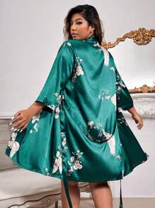 Bata con estampado floral con cinturón de satén - Verde Oscuro - Ver 2