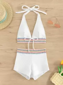 Swim Vcay Summer Beach Chevron Trim Halter Bikini Set - White - View 5