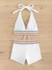 Swim Vcay Summer Beach Chevron Trim Halter Bikini Set - White - View 6