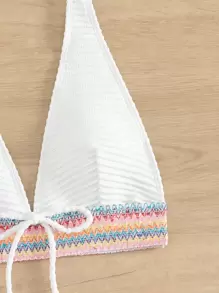 Swim Vcay Summer Beach Chevron Trim Halter Bikini Set - White - View 3