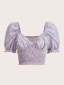 Ditsy Floral Print Puff Sleeve Crop Shirred Blouse - Multicolor - View 5