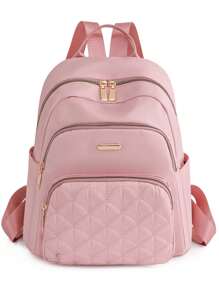 Quilted Classic Backpack Medium Zipper Pink, Durable Stylish Practical pink diamond-shaped geometric pattern double-layer pockets, multiple compartments, and side pockets, can hold mobile phones, ipad, water-repellent, water cups are suitable for travel, travel, outings, outdoor college students, young people, girls, old people - Pink - View 1