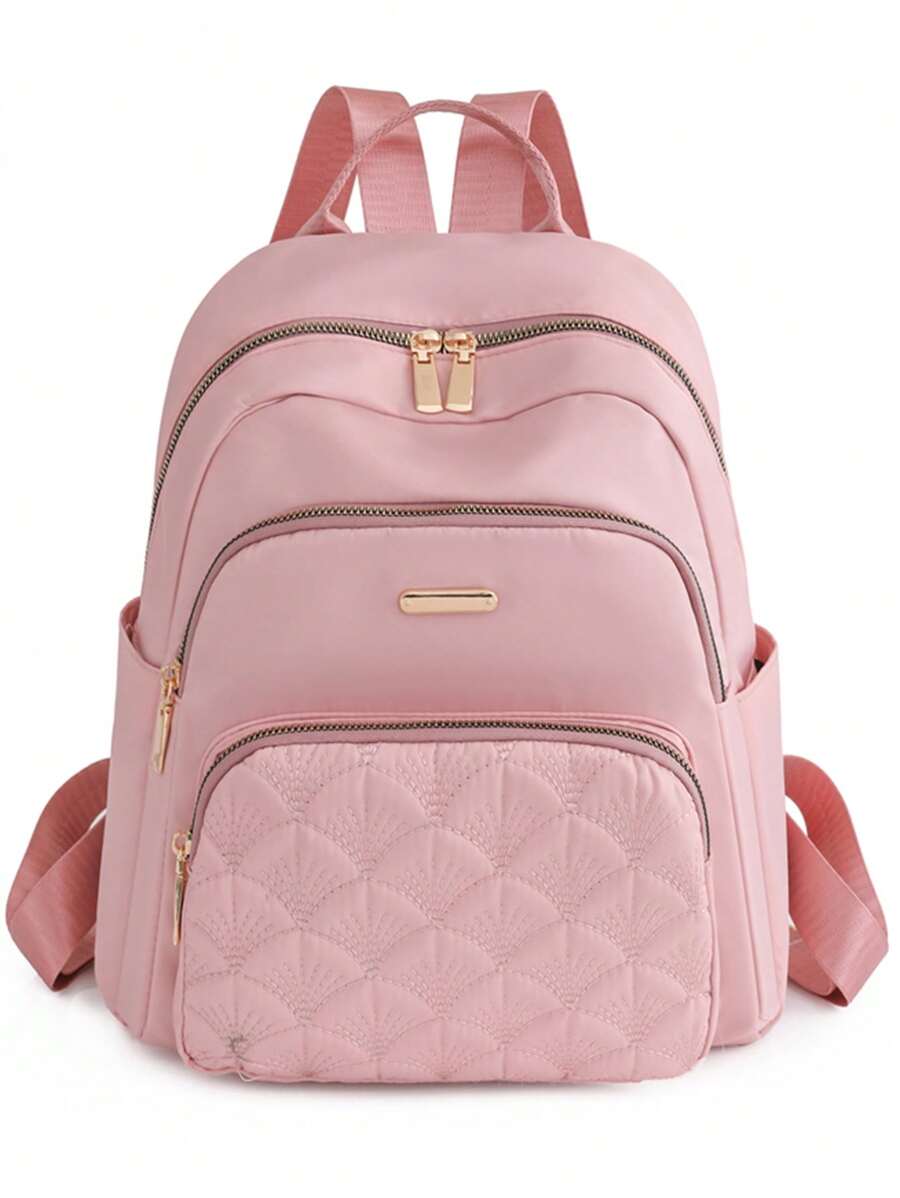 Quilted Classic Backpack Medium Zipper Pink, Durable Stylish Practical pink diamond-shaped geometric pattern double-layer pockets, multiple compartments, and side pockets, can hold mobile phones, ipad, water-repellent, water cups are suitable for travel, travel, outings, outdoor college students, young people, girls, old people - Pink - View 1