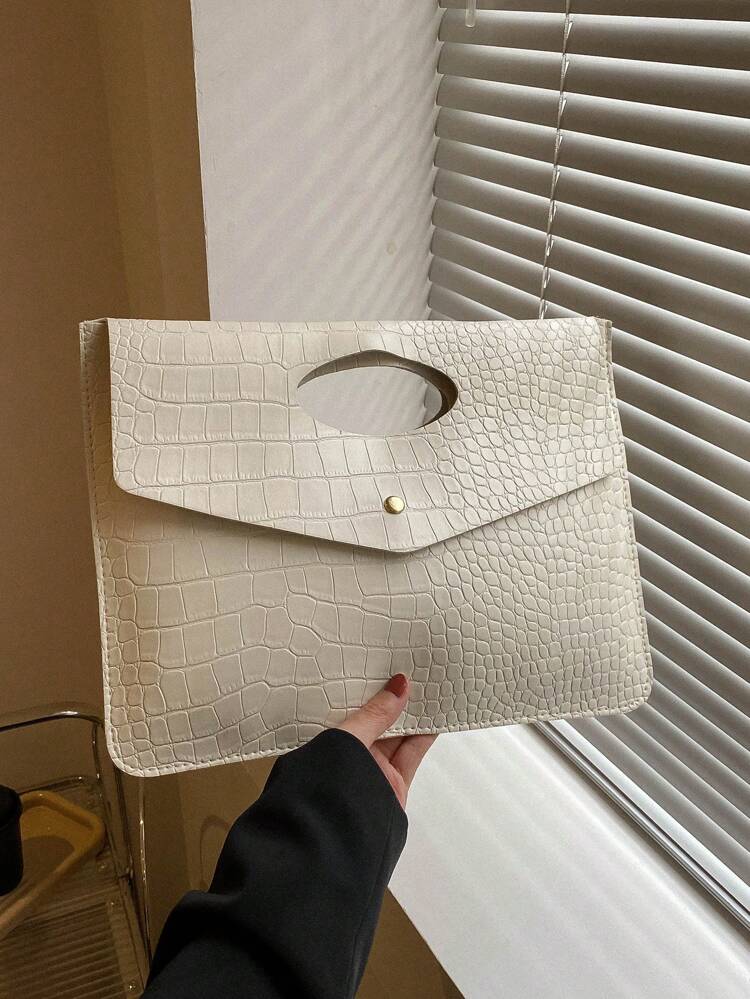 Fashionable White PU Flap Envelope Clutch, High-Quality Crocodile Texture Pattern, Elegant Niche Design, Casual Minimalist, Versatile