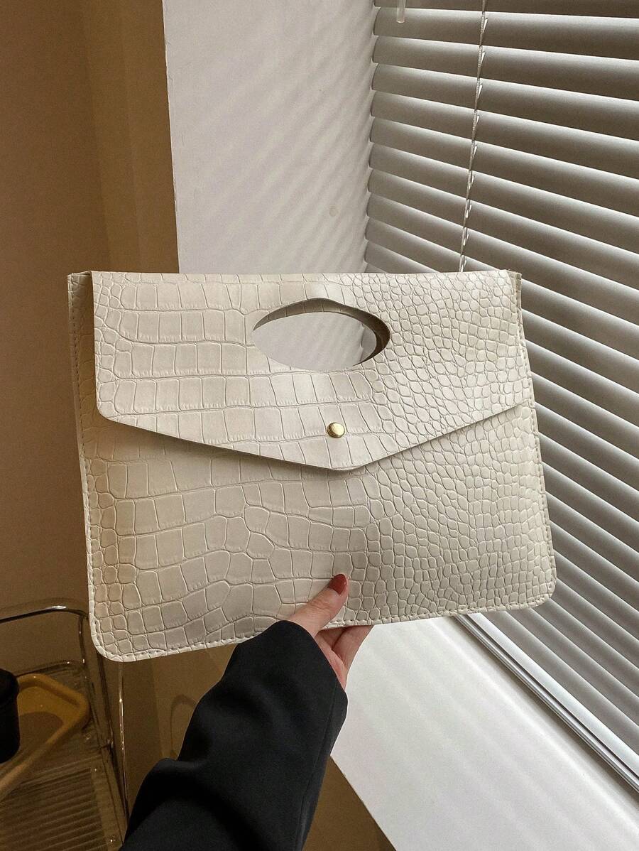 Fashionable White PU Flap Envelope Clutch, High-Quality Crocodile Texture Pattern, Elegant Niche Design, Casual Minimalist, Versatile - White - View 1