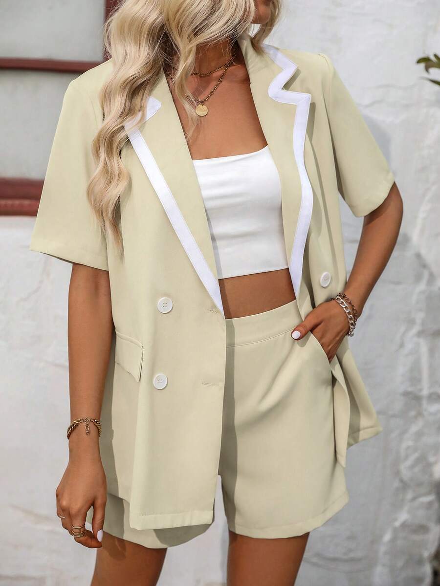 SHEIN Clasi Contrast Trim Double Breasted Blazer & Shorts - Yellow - View 1